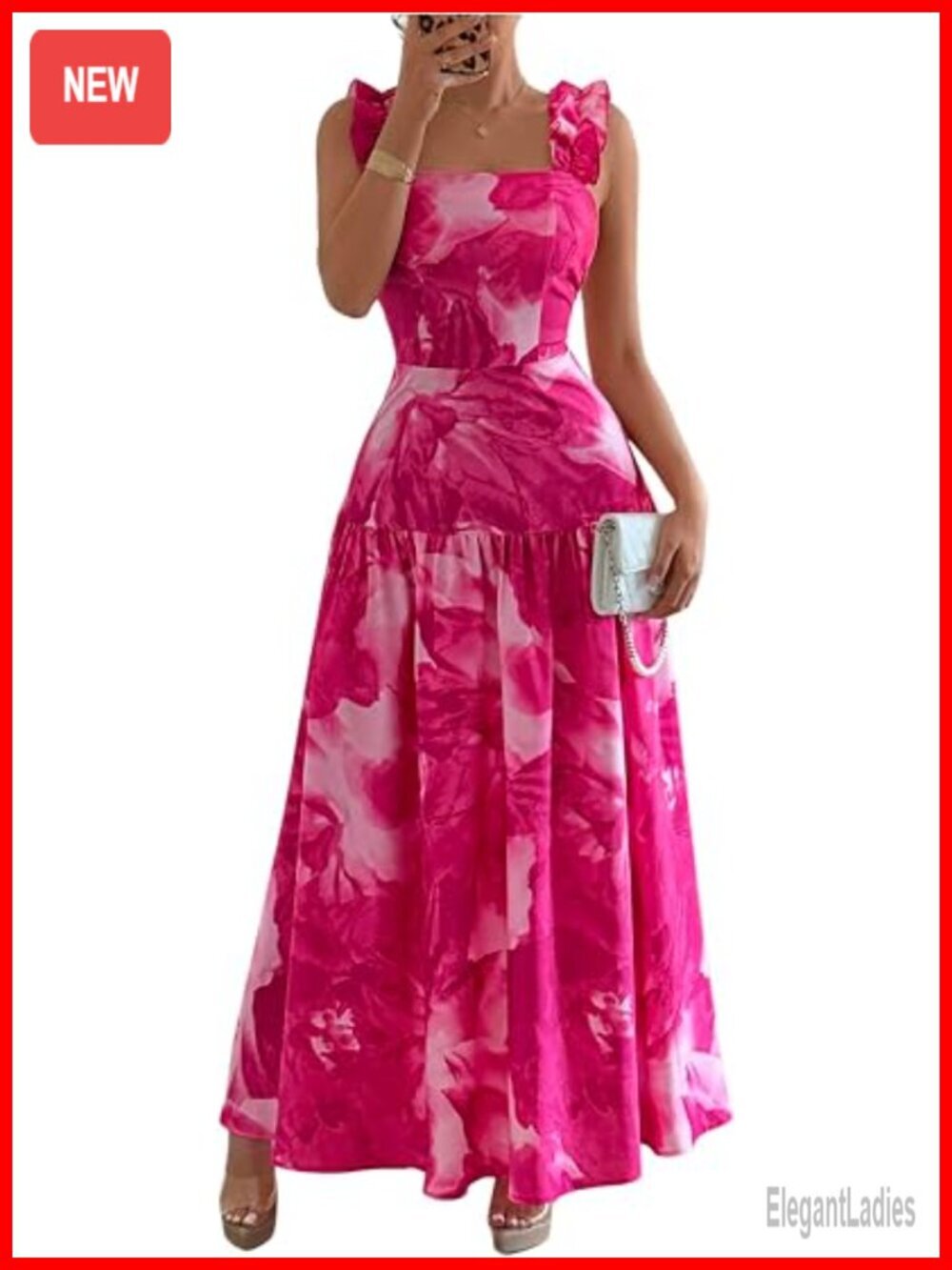 Women's Tie Dye Flowy Maxi Dress Square Neck Sleeveless Ruffled A-Line Smocked